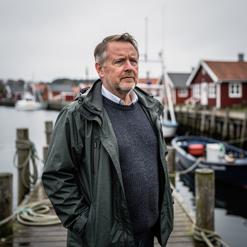 Portrait of a middle-aged Danish fisherman on a harbor pier