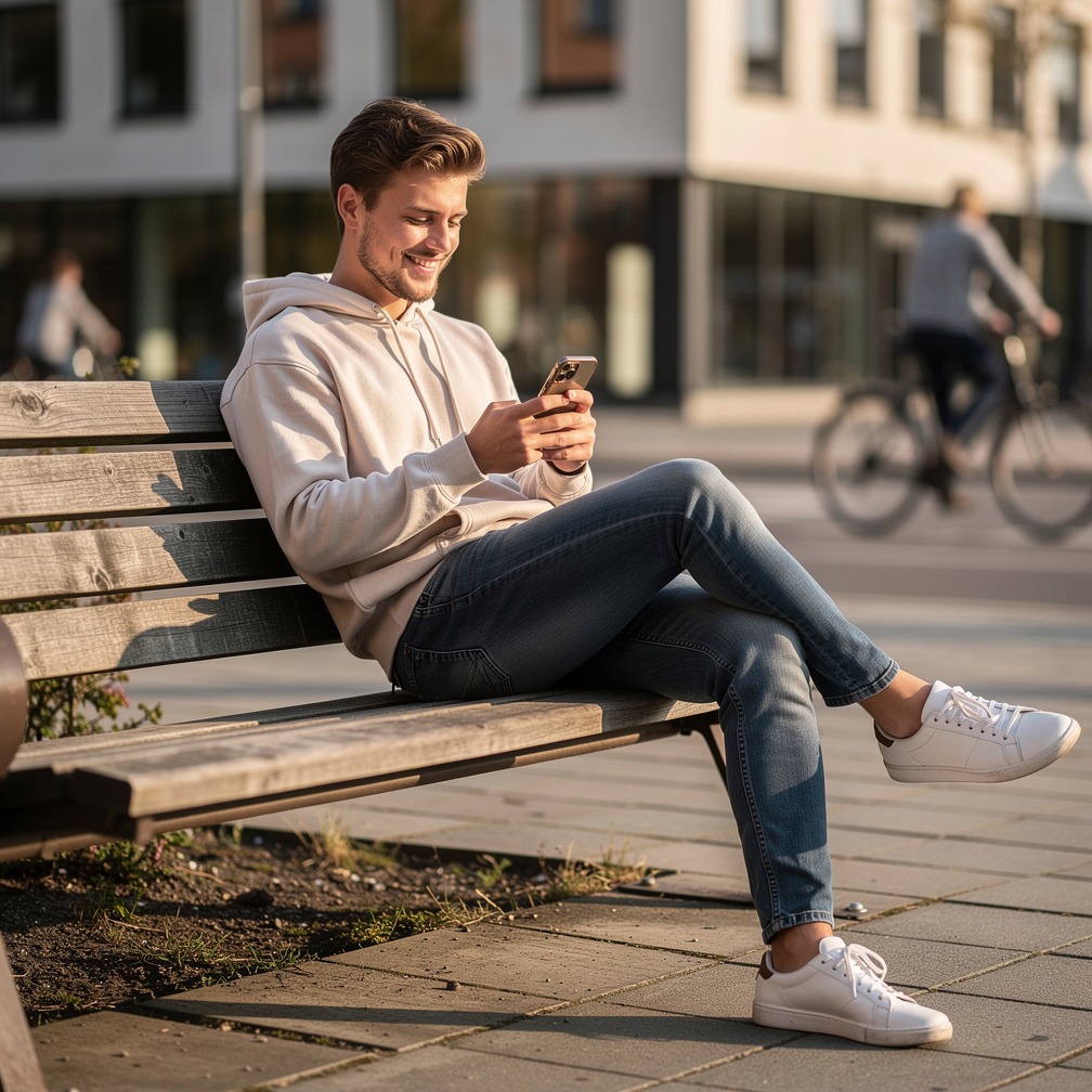 Young Danish man reading stories on his smartphone outdoors