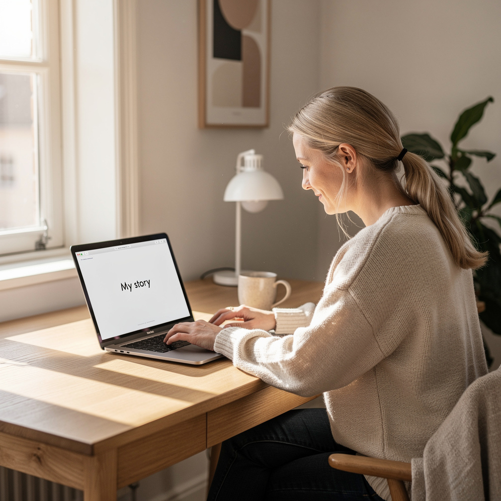 Young Danish woman writing her personal story on a laptop at a cozy wooden desk